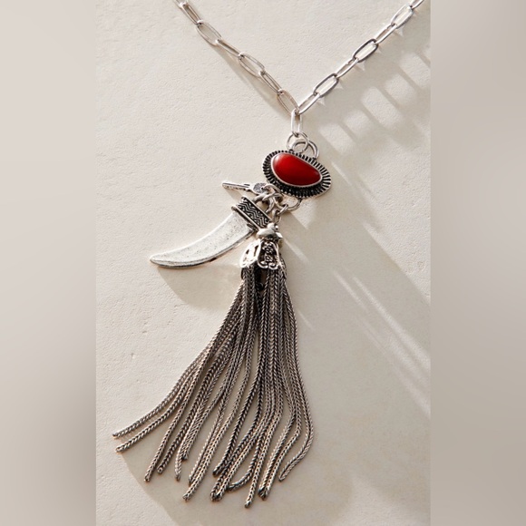 Hold ISF Free People Dandee Long Necklace in Silver and Red Agate New - Picture 4 of 6